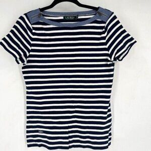 Ralph Lauren Womens Striped Short Sleeve Boat Neck Top Blue White Size Large